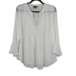 Style & Co. Womens Large White Long Sleeve Textured Pintuck Pleated V Neck Top